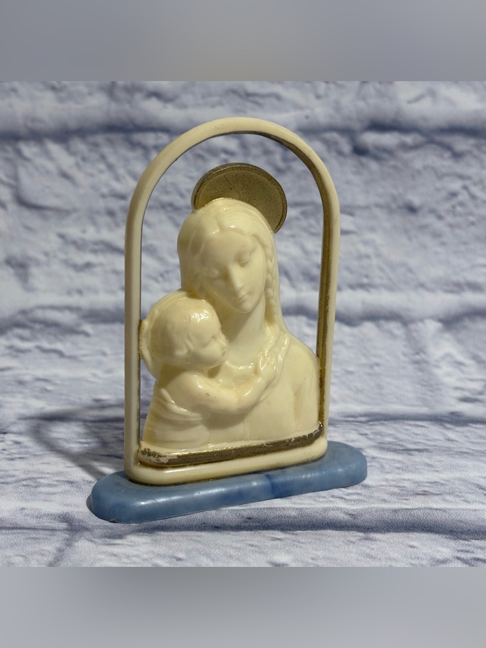Vintage Mother Mary & Jesus molded celluloid shelf decor